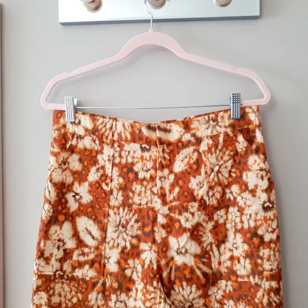 Zara Burnt Orange Floral Wide Leg Pants High Waist Boho Retro XL - Picture 12 of 16